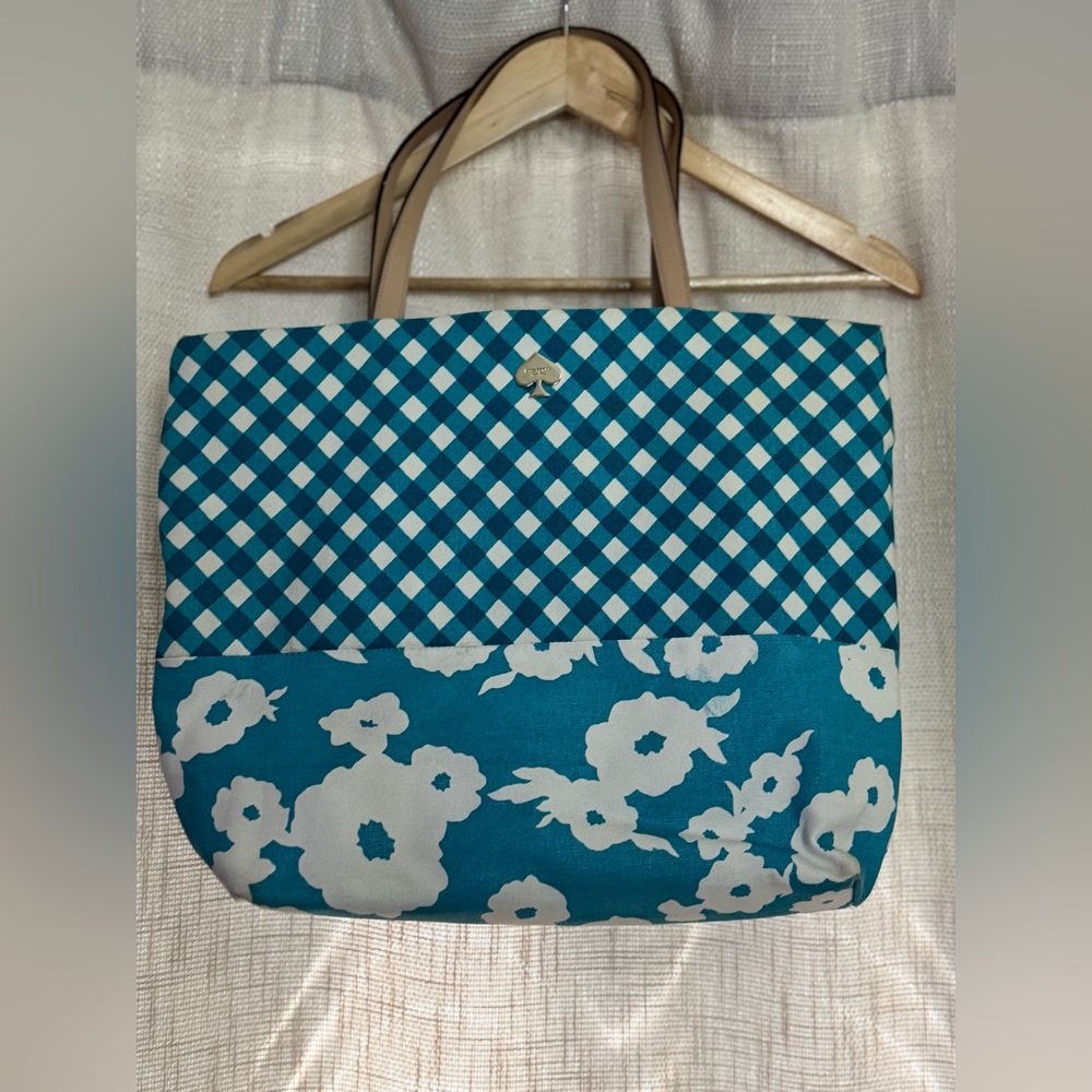 Kate Spade Teal and White Floral Check Tote